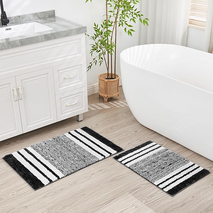 CozeCube Bath mats for Bathroom Non Slip, Fluffy Absorbent Microfiber Bath mat Washable, Aesthetic Bathroom Rugs, Large Jet Black Striped Bath mat, Jet Black, 36" x 24"