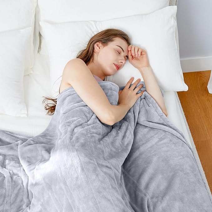 HYLEORY Heated Electric Blanket Throw, 2-Layer Cozy Warm Flannel 62" x 84", Heating Blanket with 9 Heating Levels, 2/4/6/10 Hours Auto Off, Fast Heating Winter Blanket, Light Grey