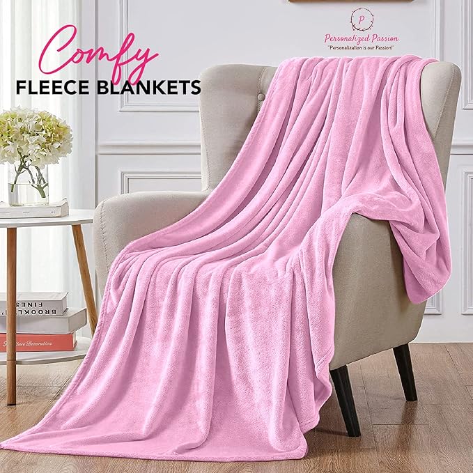Personalized Passion Blankets with Custom Name & Initial Monogram - Super Soft and Cozy Fleece - Unisex Custom Blanket for Him and Her - 60x40 Inches - Light Pink
