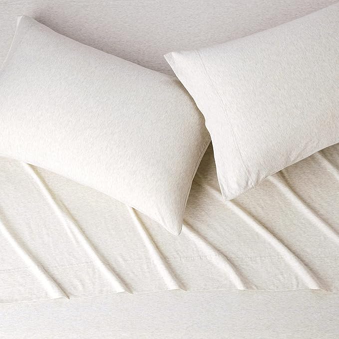 Amazon Basics Cotton Jersey 4-Piece Soft, Breathable, Wrinkle-Free Bed Sheet Set, Queen, Oatmeal, Solid