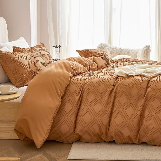 JELLYMONI Duvet Cover Twin Size Rust - 3PCS Boho Duvet Cover Set Plaid Polyester Tufted Bohemian Jacquard Knit Textured Comforter Cover 68×90in Rhombic Geometric Pattern Corner Ties & Zipper