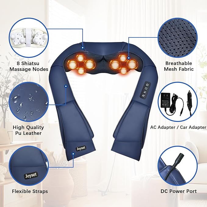 Joyset Shiatsu Neck and Back Massager with Heat,Electric Shoulder Massager for Pain Relief Deep Tissue,3D Kneading Massage with Cloth Cover Easy to Clean Best Gift for Men Women Parents (Blue)