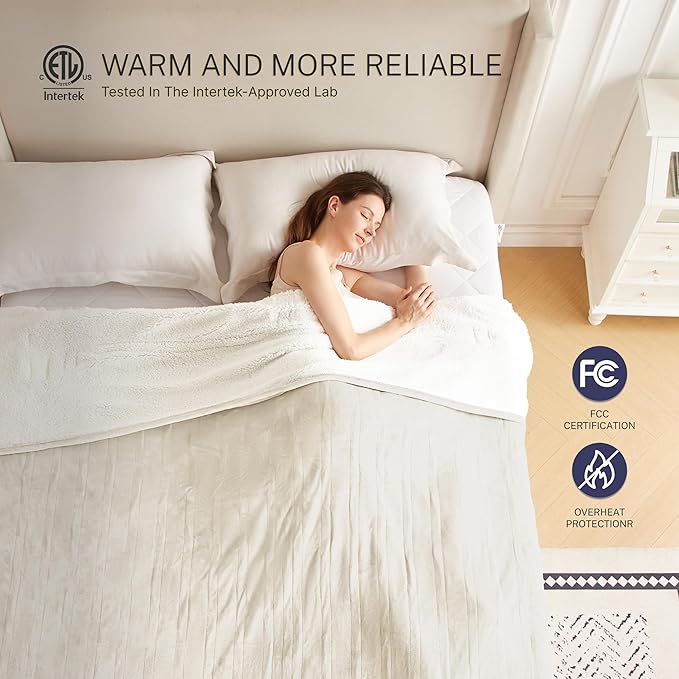 Electric Blanket Throw 50"x60" Heated Electric Blankets 10 Heating Levels 12 Time Settings 3 Hours Auto Off Fast Heating and Overheat Protection ETL Certified Machine Washable,Ivory