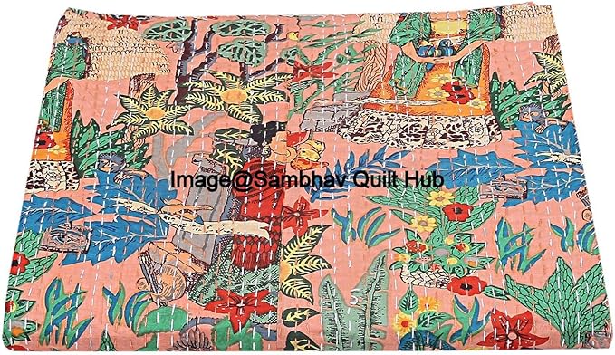 Floral Printed Cotton Quilted Blanket Indian Handmade Bedspread Kantha Work Bohemian Bed Decor Throw Blanket Twin/King/Queen (California King 108" x108 with Pillow Cover)