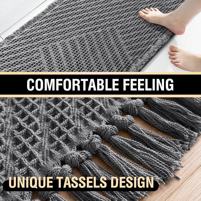 H.VERSAILTEX Waffle Bath Runner Rug Long Bath Mat Super Absorbent Boho Bath Rugs Non Slip Bath Runner for Bathroom Floor Machine Washable Dry Fast Bathroom Rugs with Tassels, 24" x 72", Gray