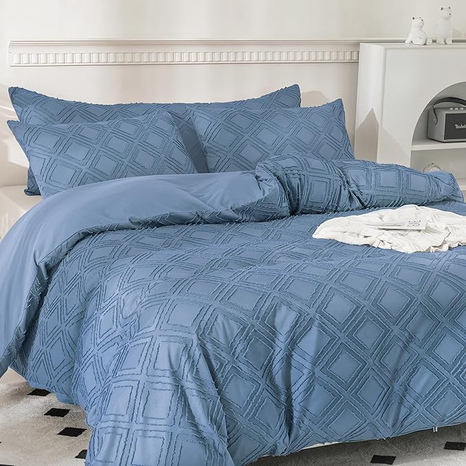 JELLYMONI Duvet Cover Full Size Blue - 3PCS Boho Duvet Cover Set Plaid Polyester Tufted Bohemian Jacquard Knit Textured Comforter Cover 80×90in Rhombic Geometric Pattern Corner Tie & Zipper