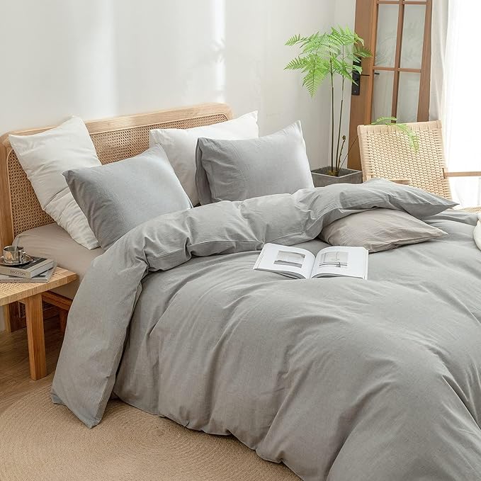 BESTOUCH Duvet Cover Set 100% Washed Cotton Linen Feel Super Soft Comfortable Chic Lightweight 3 PCs Home Bedding Set Solid Light Grey Super King Plus