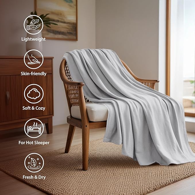 Queen Size Blanket, 70% Rayon (Derived from Bamboo) and 30% Cotton, Lightweight Jacquard Weave, Breathable and Soft Summer Blanket for Bed or Couch, 90” x 90”, Grey