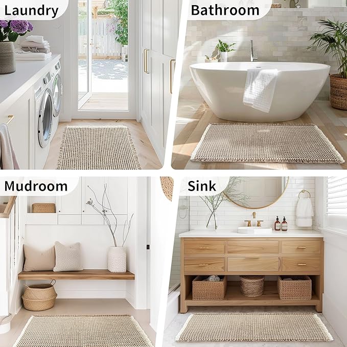 Waffle Bath Mat - Boho Bathroom Rugs Non Slip Washable, Super Absorbent & Quick Dry, Soft Bath Mat Farmhouse Bathroom Decor, 24'' x 48'', Khaki and White