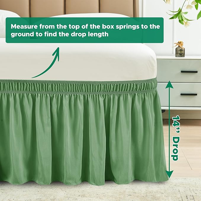 Biscaynebay Wrap Around Bed Skirts for King & Cal King Beds 14" Drop, Sage Adjustable Elastic Dust Ruffles Easy Fit Wrinkle Resistant Silky Luxurious Fabric Machine Washable