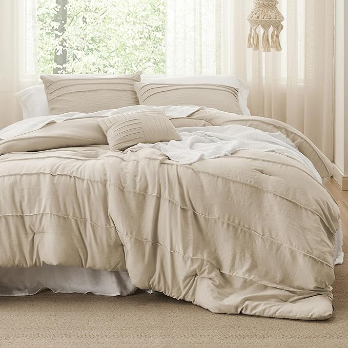 Bedsure Queen Comforter Set - 4 Pieces Pinch Pleat Bed Set, Linen Boho Bedding for All Season, 1 Soft Comforter, 2 Pillowcases, 1 Decorative Pillow