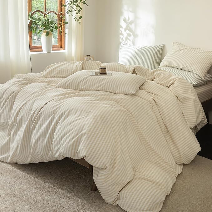 FOSSA Striped Duvet Cover Set 100% Washed Cotton Linen Feel Super Soft Breathable Cozy 3 Pieces Bedding Sets Almond Milk Grey Classic Stripes King