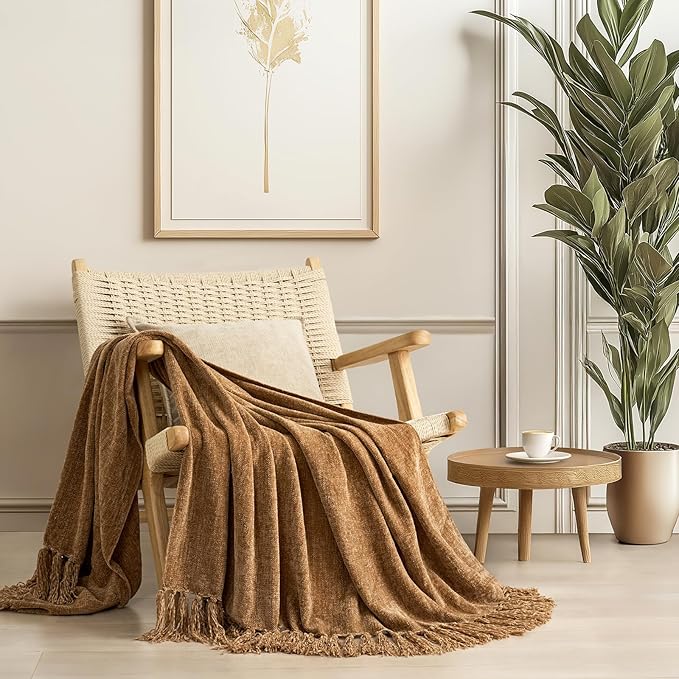 EVERGRACE Soft Chenille Throw Blanket for Couch, Cozy Plush Fuzzy Decorative Chenille Knit Throw Blanket with Tassels, Lightweight Blanket and Throws for Bed Sofa Gift Home Decor, Khaki 60"x80"