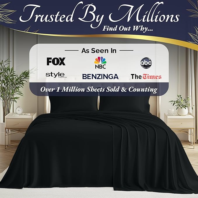 DECOLURE 100% Viscose Derived from Bamboo Sheets Queen Size 4pcs - Ultra Soft & Luxuriously Cooling, 17" Deep Pocket, Double Stitching, Perfect for Hot Sleepers - Queen Bed Sheets (Black)