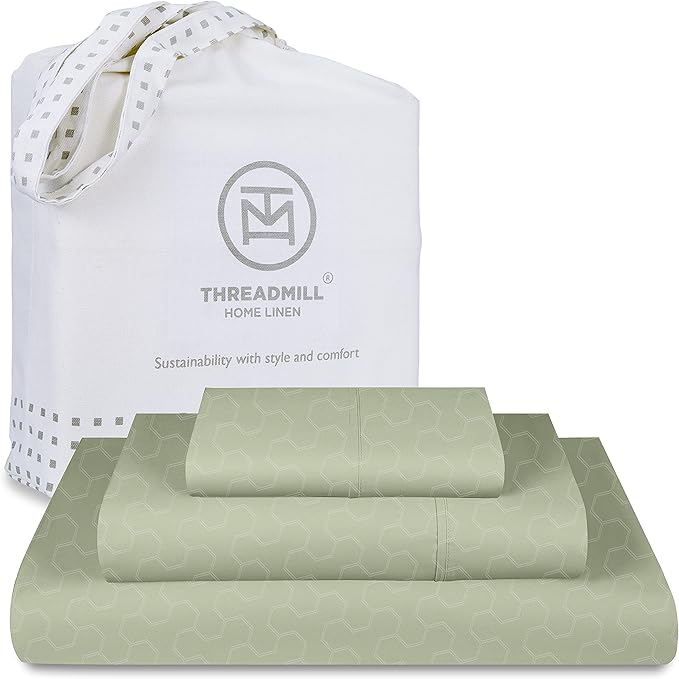 Threadmill 500 Thread Count Twin Size 3 Pc Luxury Cotton Bedding Set, Jacquard Floria Sage Green, Damask Sheets with 15" Elasticized Deep Pocket, 1 Pillowcase & Free Tote Bag