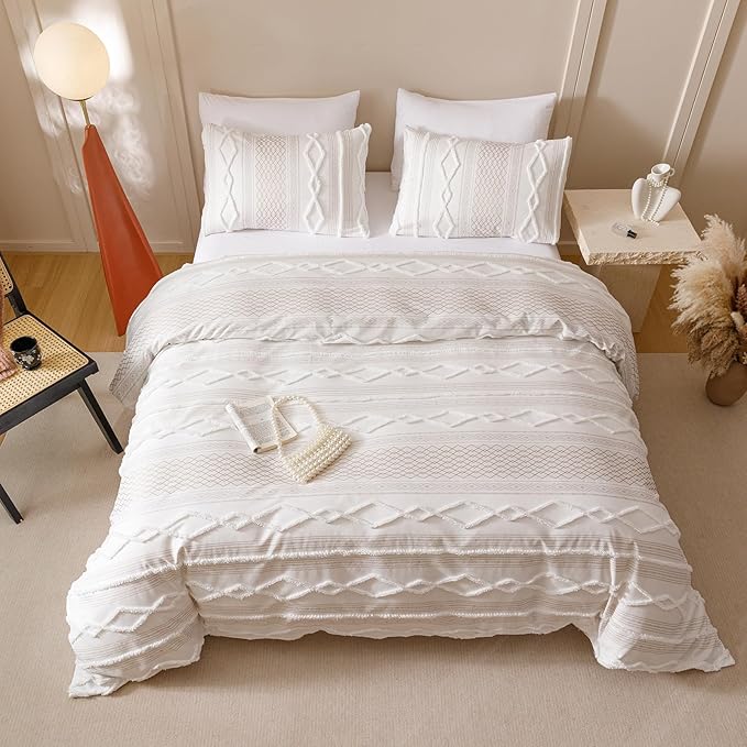 KAREVER Ivory Boho Comforter Set Twin Mixed Textures Jacquard Bedding Set Durable Chic and Stylish Bedroom Set