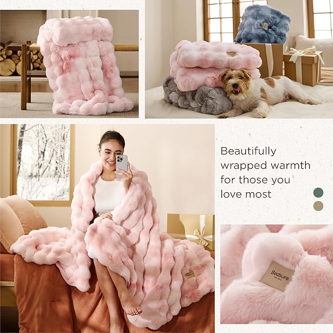 Bedsure GentleSoft Fluffy Faux Fur Blanket Twin Size, Fuzzy Soft Bubble Blanket for Couch, Faux Fur Decor for Home Bedroom Living Room, Thick Furry Cozy Gifts for Women, Tie-dye Pink, 60x80 Inch