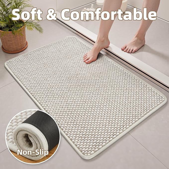 PADOOR-Bath Mat Runner-Super Absorbent Chenille Bathroom Mats-Rubber Backed Bath Mats for Bathroom Non Slip, Easy Clean Bathroom Runner Rugs Front of Bathtub,Shower Room,Sink-24×48, Beige&Cream