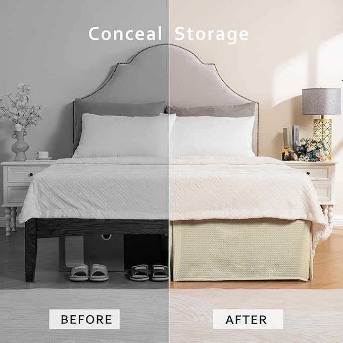 MIYE Pleated Waffle Weave Bed Skirt, Tailored Dust Ruffle 12 Inch Drop Easy Fit, Machine Washable,No Split Corners (Light Beige, Twin - 12" Drop)