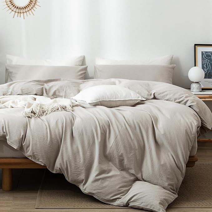 MooMee Bedding Duvet Cover Set 100% Washed Cotton Linen Like Textured Breathable Durable Soft Comfy (Heathered Cream Grey, Palatial King/Oversized King 120"x98")