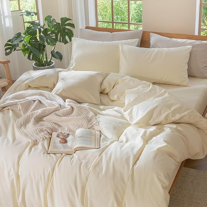 MooMee Bedding Duvet Cover Set 100% Washed Cotton Linen Like Textured Breathable Durable Soft Comfy (Solid Cream White, Oversized King Plus 128"x120")