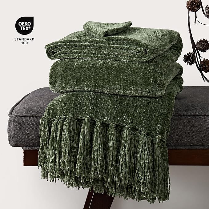 EVERGRACE Soft Chenille Throw Blanket for Couch, Cozy Plush Fuzzy Decorative Chenille Knit Throw Blanket with Tassels, Lightweight Blanket and Throws for Bed Sofa Gift Home Decor, Olive Green 60"x80"