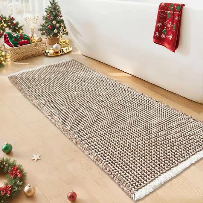 Waffle Bath Mat - Boho Bathroom Rugs Non Slip Washable, Super Absorbent & Quick Dry, Soft Bath Mat Farmhouse Bathroom Decor, 20'' x 48'', Khaki and White