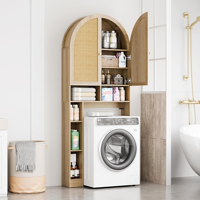 Over The Toilet Storage Cabinet, 29.7”W Modern Storage Cabinet Over Toilet with Rattan Doors, Arched Freestanding Over Toilet Rack with Adjustable Shelf for Bathroom, Nature