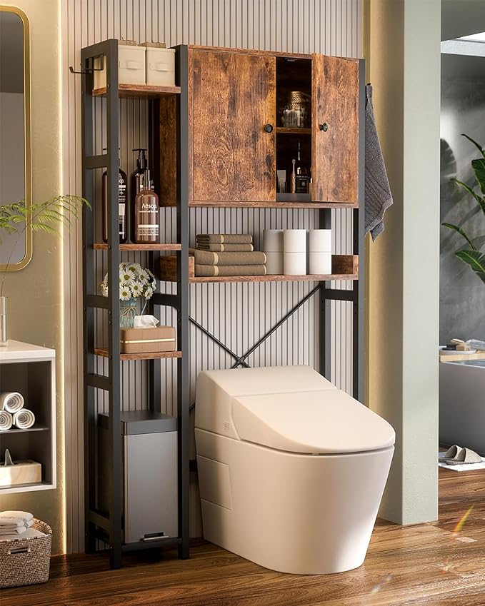 Over The Toilet Storage Cabinet with Doors - 7 Tier Bathroom Organizer with Adjustable Shelf, Freestanding Space Saver Rack Above Toilet Stand with 4 Hooks for Bathroom, Restroom, Laundry, Rustic