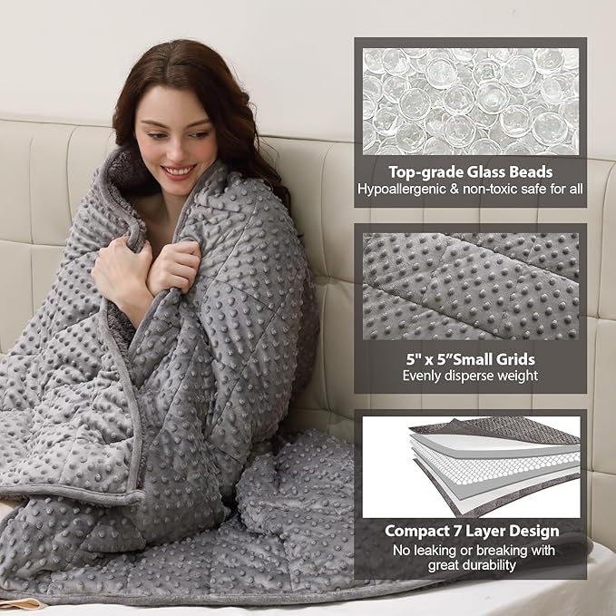 Minky Dot Weighted Blanket for Adults Twin Size 12 lbs, Warm Sherpa Snuggle Heavy Blanket for Autumn Winter with Glass Beads, Great for Stress Relief and Sleep Promotion, Grey 48 x 72 inches