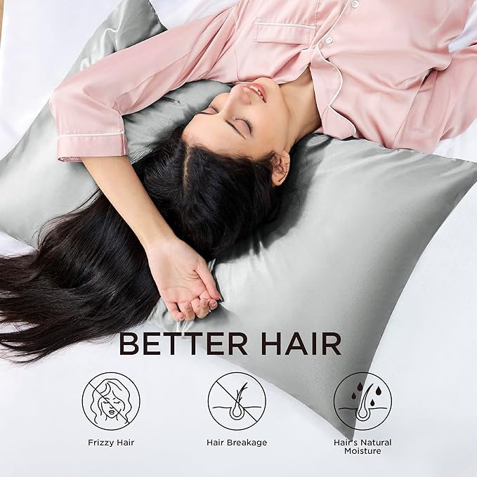 Bedsure Satin Pillowcase with Zipper, Similar to Silk Pillow Cases 2 Pack, Grey Satin Pillow Cases Queen Size Set of 2, Silky & Soft Pillow Covers for Hair and Skin, Gifts for Women Men, 20x30 Inches