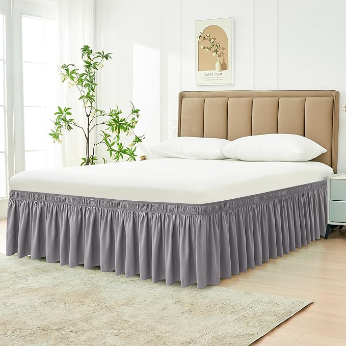 Biscaynebay Wrap Around Bed Skirts for Full & Full XL Beds 14" Drop, Silver Grey Adjustable Elastic Dust Ruffles Easy Fit Wrinkle Resistant Silky Luxurious Fabric Machine Washable