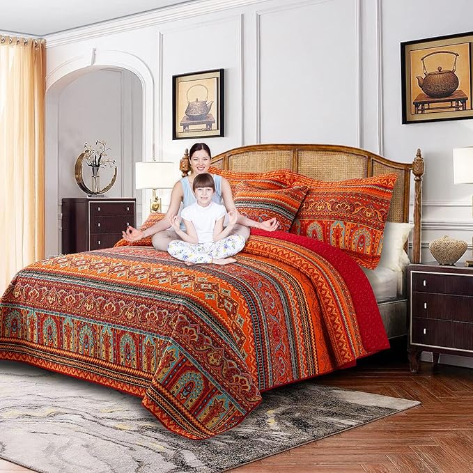 BEDIFANY Cotton King Size Quilt Set - Boho Lightweight King Bedspread - Colorful Orange Reversible Coverlets Quilt Bedding Sets - Oversized King Quilt Set for Bed Decorations for All Seasons, 3 Pieces