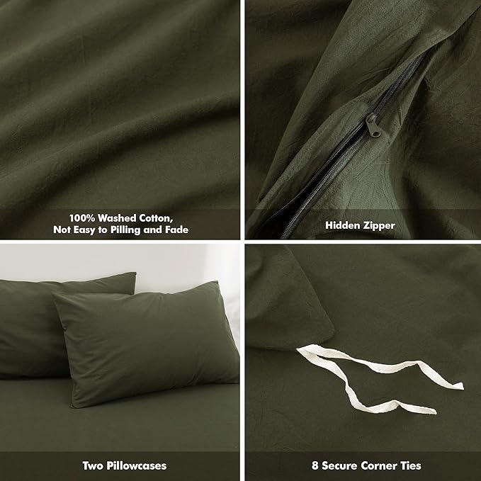 FOSSA Duvet Cover Set 100% Washed Cotton Linen Feel Super Soft Breathable Cozy 3 Pieces Bedding Sets Solid Olive Green Super King