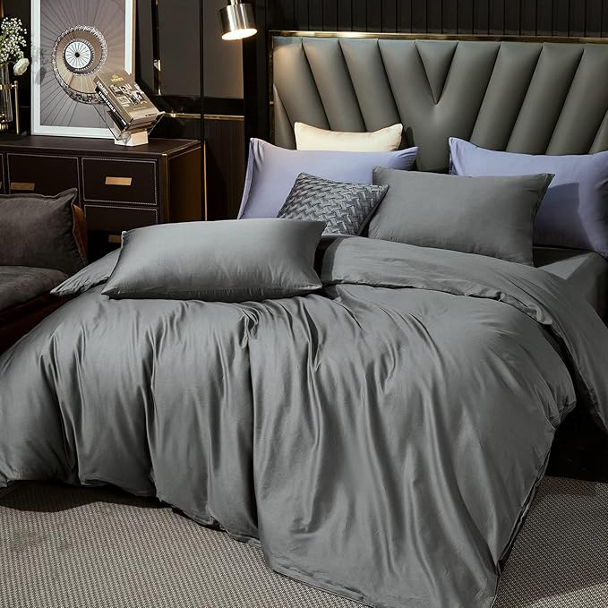 MooMee Duvet Cover Set 100% Extra Long Staple Cotton 600 Thread Count Silky Sateen Smooth Luxury Soft Breathable Durable Hotel Quality Bedding, 3 Pieces (Dark Gray, Super Queen 90"x98")