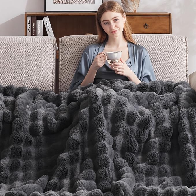 Heated Blanket Queen Size with 1/2/4/6/8 Hours Auto-Off 10 Heat Level, 72'' * 84'' Cozy Faux Rabbit Fur Bubble Electric Blanket with Overheat Protection(Dark Grey)
