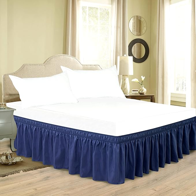Biscaynebay Wrap Around Bed Skirts for Queen Beds 17" Long Drop, Navy Adjustable Elastic Dust Ruffles Easy Fit Wrinkle & Fade Resistant Silky Luxurious Fabric Solid Machine Washable