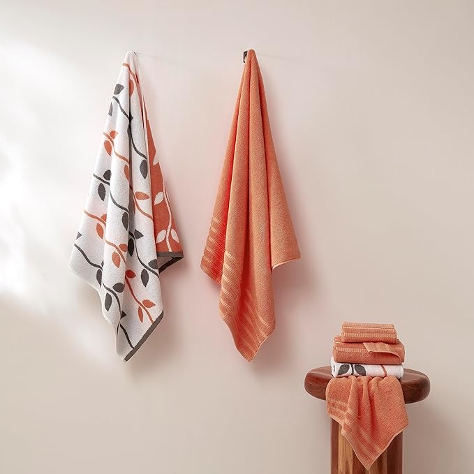 Modern Threads Organic Vines 6-Piece 100% Cotton Towel Set – Yarn Dyed Jacquard & Solid – Includes 2 Bath Towels, 2 Hand Towels, 2 Washcloths – Absorbent, Quick Dry, Soft & Durable – Orange