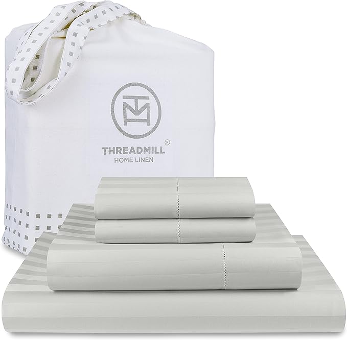 Threadmill 500 Thread Count Full-Size Damask Stripe, 4 Pc Luxury Cotton Sheet Set, Breathable Light Grey Sheets with 16" Elasticized Deep Pocket, 2 Pillowcases & Free Tote Bag