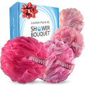 SHOWER BOUQUET Loofah Bath-Sponge XL Pink-4-Pack // Extra Large 75g Soft Mesh Net Luffa Loofa Loufa Lufa Puff Set/Exfoliating Body Scrubber for Women and Men - Exfoliate & Soothe Face & Body