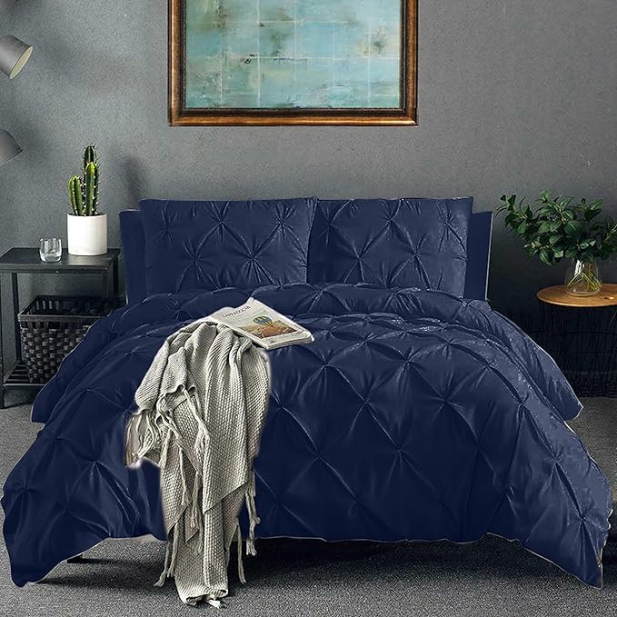 Pinch Pleated Duvet Cover Set 100% Brushed Microfiber 3PC Oversize Size 98x120 Duvet Cover Set, Decorative Pinch Design Navy Blue Duvet Cover with Matching Pillow Case
