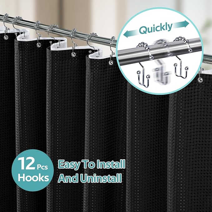 3 in 1 Shower Curtain Set, Waffle Shower Curtain and Liner Set with 12 Double Sided Shower Curtain Hooks, 258GSM Luxury Weighted Cloth Shower Curtains for Bathroom, 72 W x 72 H, Black