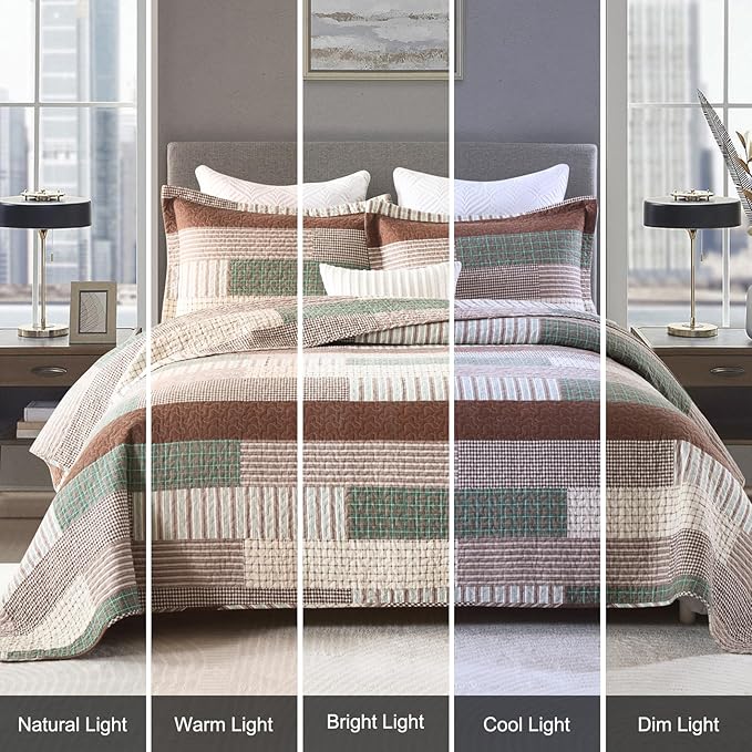 Uniclinens Plaid Quilt Queen Size, 100% Cotton Patchwork Quilt Bedding Set, Brown Lightweight Farmhouse Bedspread/Coverlet/Comforter Set, 3 Pieces Set with 2 Pillowshams, Brown/Green/Cream
