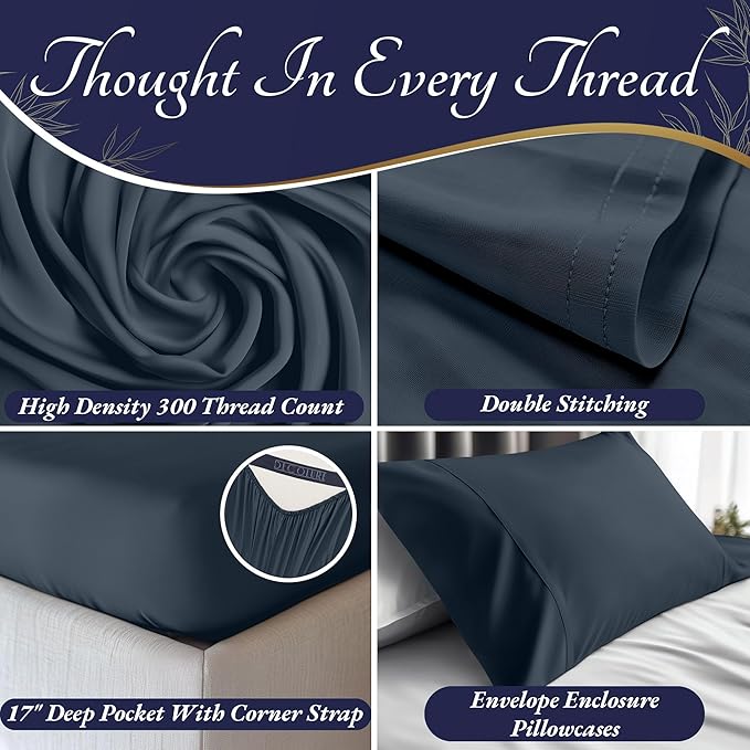 DECOLURE 100% Viscose Derived from Bamboo Sheets Twin Size 3pcs - Ultra Soft & Luxuriously Cooling, 17" Deep Pocket, Double Stitching, Perfect for Hot Sleepers - Twin Bed Sheets (Navy Blue)