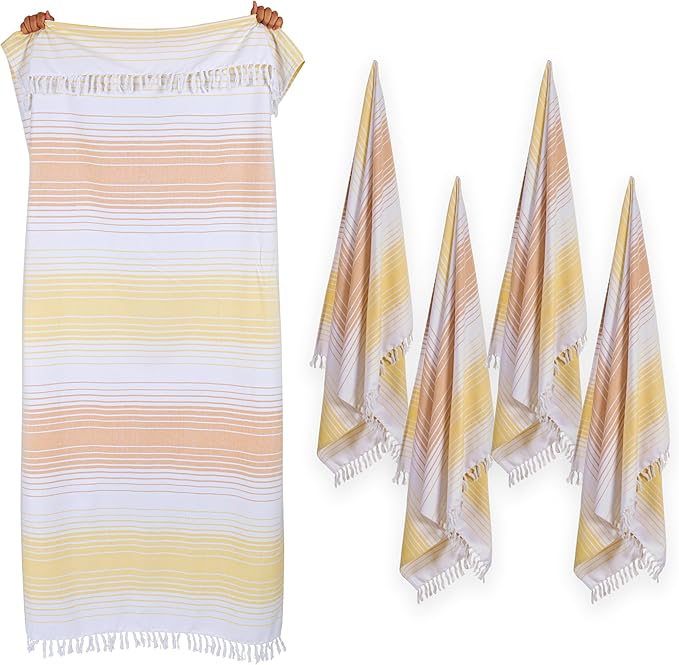 Native Fab Turkish Stripe Beach Towels 4 Pack - 40x71 Inch 100% Cotton Quick Dry Lightweight Thin Sand Free - Extra Large Peshtemal Towel for Adults Travel Bath Spa Pool Gym Camp, Yellow