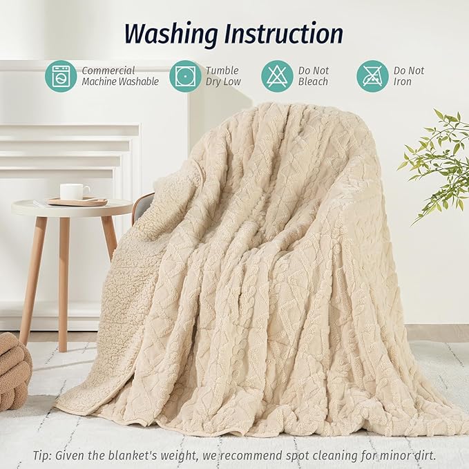 Wemore Weighted Blanket for Adults Twin Size 15 lbs, Dual Sided Soft Fuzzy Jacquard Sherpa Weighted Blankets for Sleeping, Cozy Fluffy Knitted Heavy Blanket for Couch Bed, Khaki, 60 x 80 inches