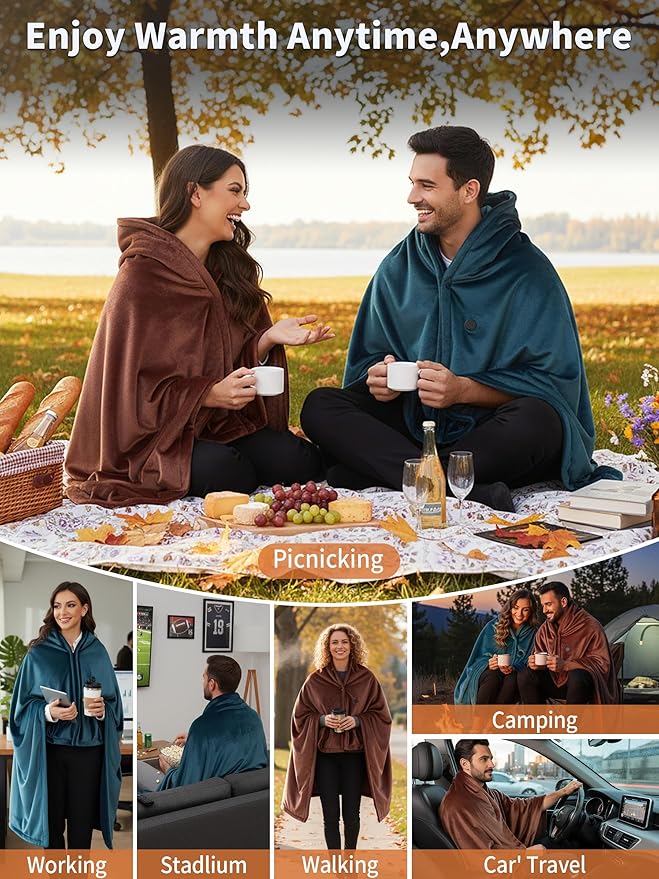 Electric Heated Blanket Battery Operated, Portable Heated Shawl for Neck and Shoulders and Back, Heating Blanket with Zipper and Pockets, 20000mAh, 3 Heating Levels, up to 8 Hours