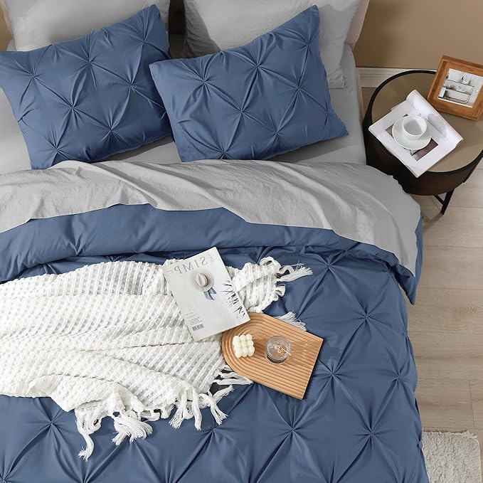 Litanika Ocean Blue Oversized King Pinch Pleat Duvet Cover, 3 Pieces Pintuck Cover Soft Microfiber Bedding Set with Zipper Closure & Corner Ties(1 Duvet Cover, 2 Pillowcases)