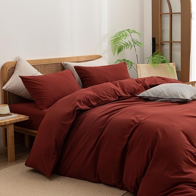 BESTOUCH Duvet Cover Set 100% Washed Cotton Linen Feel Super Soft Comfortable Chic Lightweight 3 PCs Home Bedding Set Solid Fired Brick Red Queen