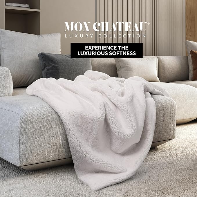 Mon Chateau 60" x 70" Embrace Foldover Faux Fur Throw, Plush Throw with 6cm Foldover for Couch, Sofa, or Bed, Ultra Soft Blanket for Sleeping or Home Decor, Moonlit Cream
